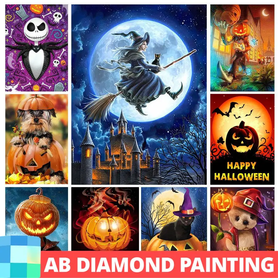 

AB DIY Бриллиантовая раскраска Хэллоуин тыква вышивка костюм мозаика вышивка черная кошка