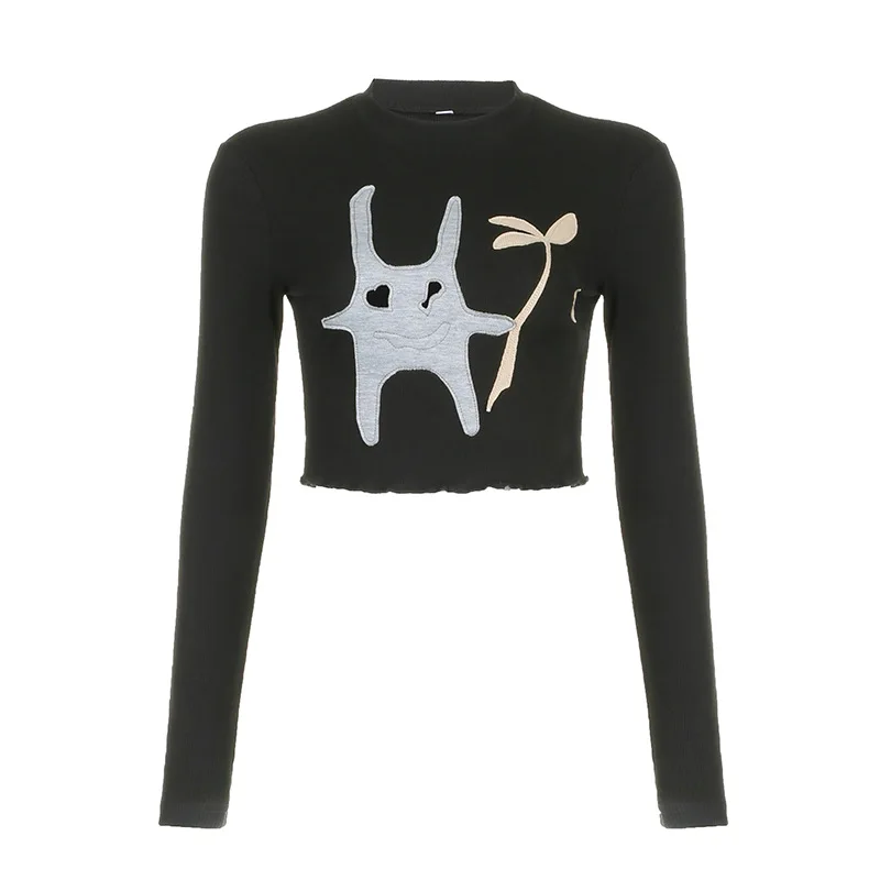 

Girl Crop Top Patchwork Embroidery Y2k Long Sleeve Slim Fit Woman Clothing T Shirt for Women Women's Autumn Aesthetic Tops Tees