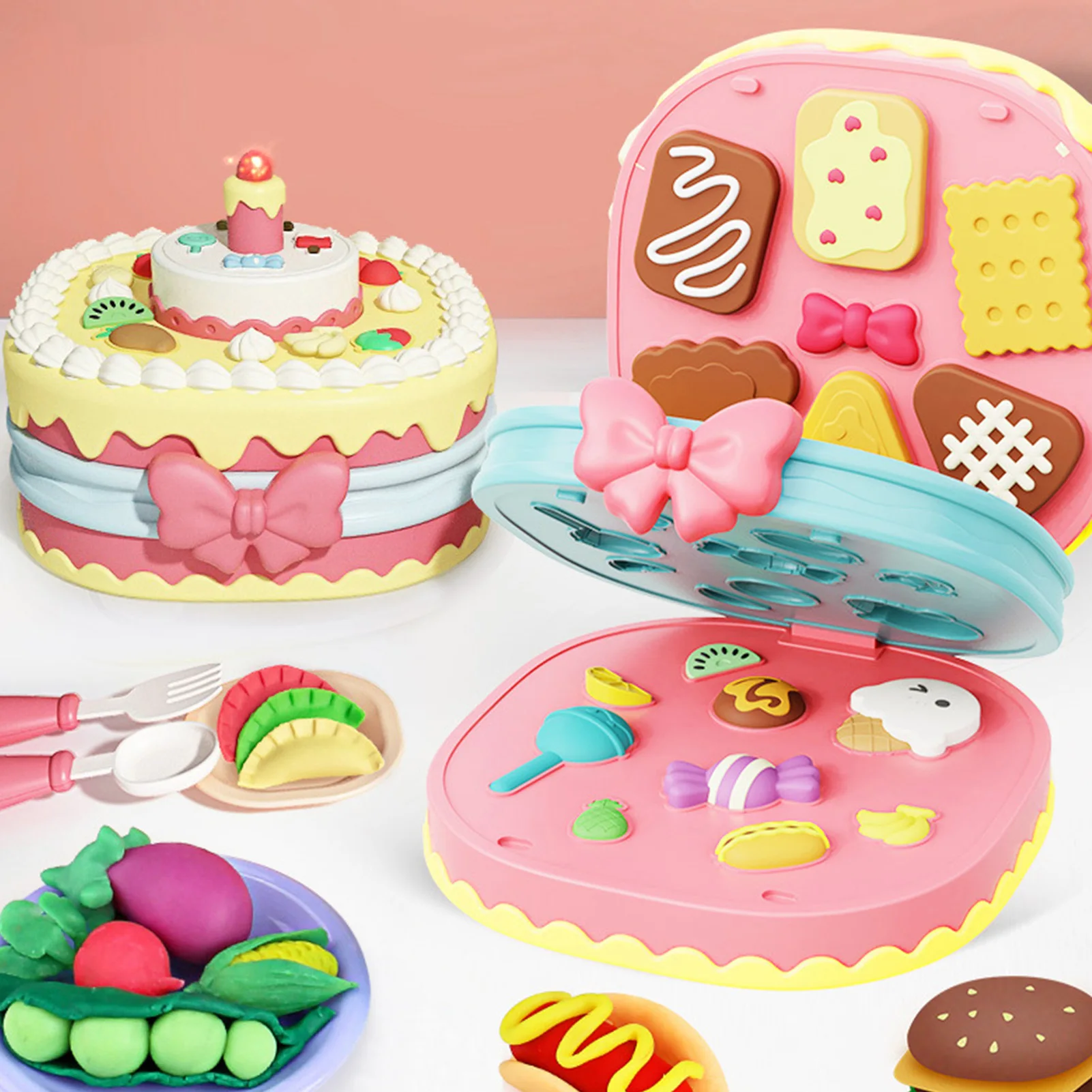 

Color Dough Clay Toys Birthday Cake Playset with Molds Kitchen Creations Tools Kit for Kids Pretend Chef Play Toy