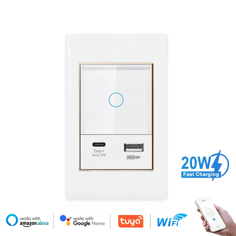 

VISWE Socket usb C 20W Fast Charge Touch switch,118*72mm Plastic Panel with Gold Border type c wall socket