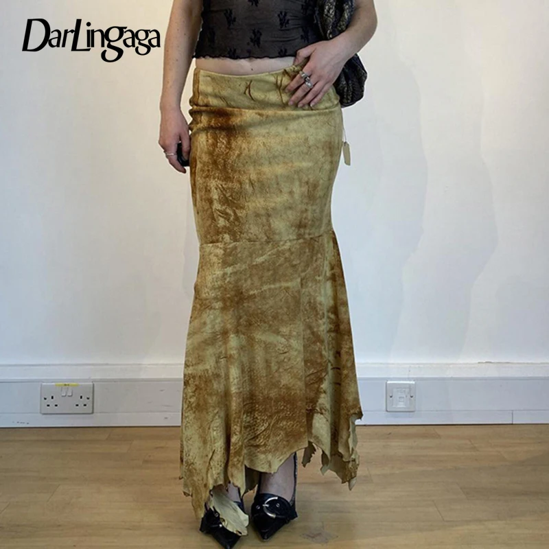 

Darlingaga Vintage Y2K Tie Dye Long Skirt Ruched Grunge Fairycore Irregular Hem Low Rise Skirt Female Aesthetic Bodycon Autumn