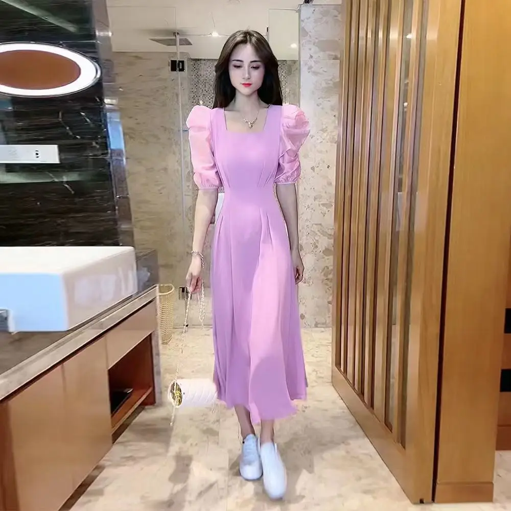 

Summer Women Elegant Retro puff sleeves Slim Short Sleeve Casual Work Special Occasions Party Pencils square collar Dress