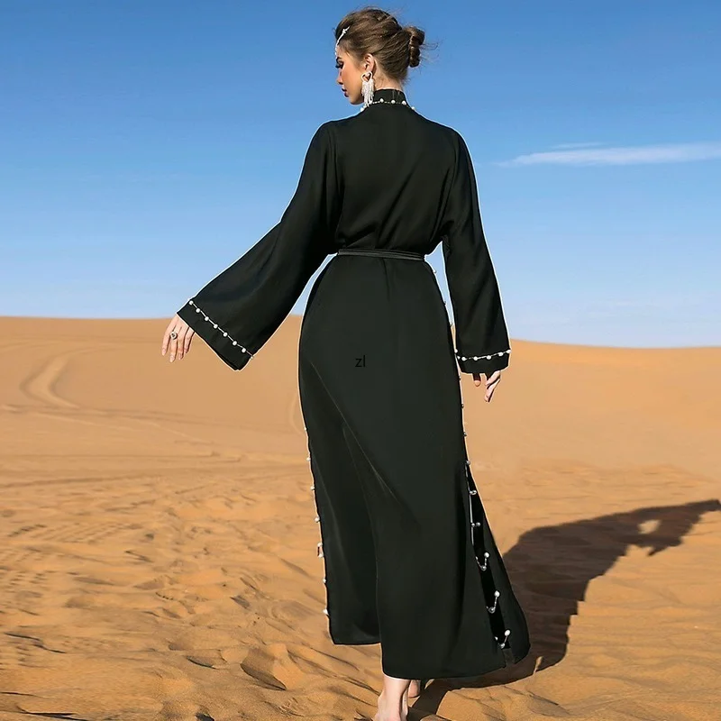 Black Vintage Beaded Long Ladies Abaya Dress Open Kaftan Fashion Muslim Dubai Turkey Kimono Cardigan Robe Oversize With Belt