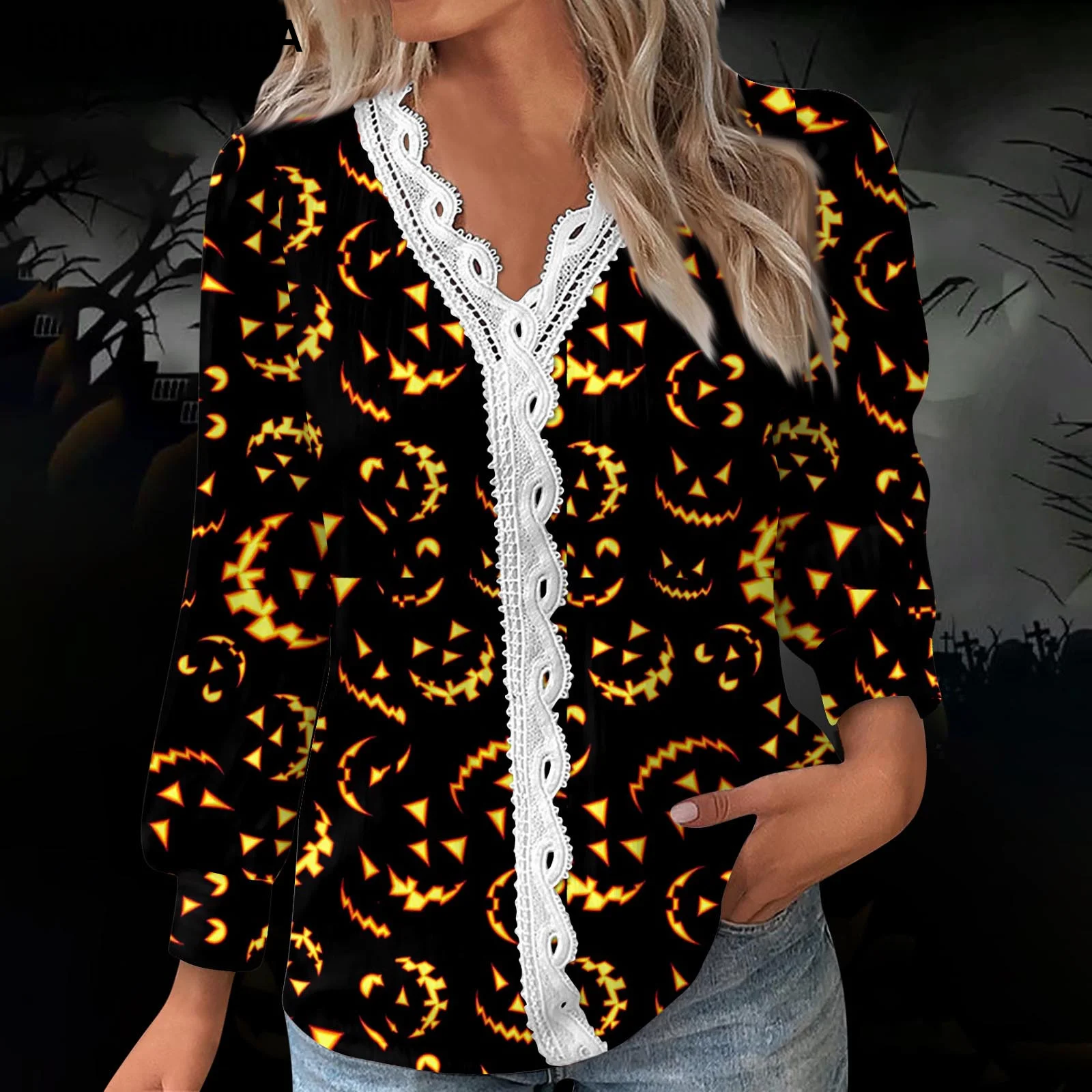 

Women's Halloween Tops Tunic Button Up Women Funny Casual Shirts Lace Long Sleeves Pleated Bat Fashion T-shirt V Neck Tops