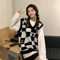 vintage womens vest checkerboard plaid loose v neck knitted vests for women springautumn y2k korean fashion womens sweater