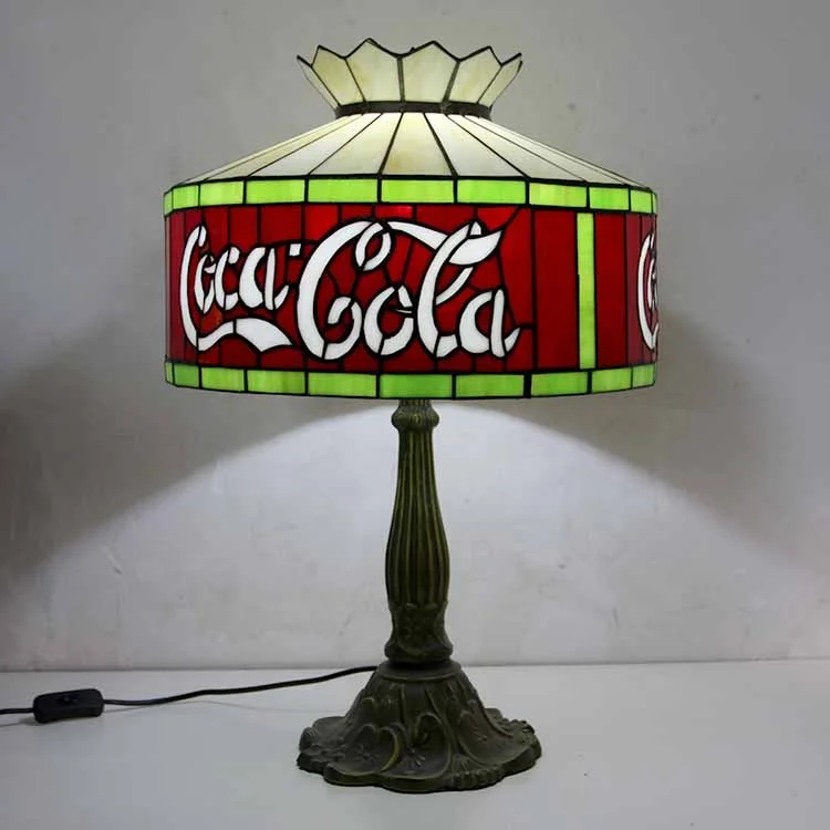 

LongHuiJing 16Inch Tiffany Table Lamps Cocacola Stained Glass Lampshade Antique Art Style Desk Lamp With Lotus Metal Base