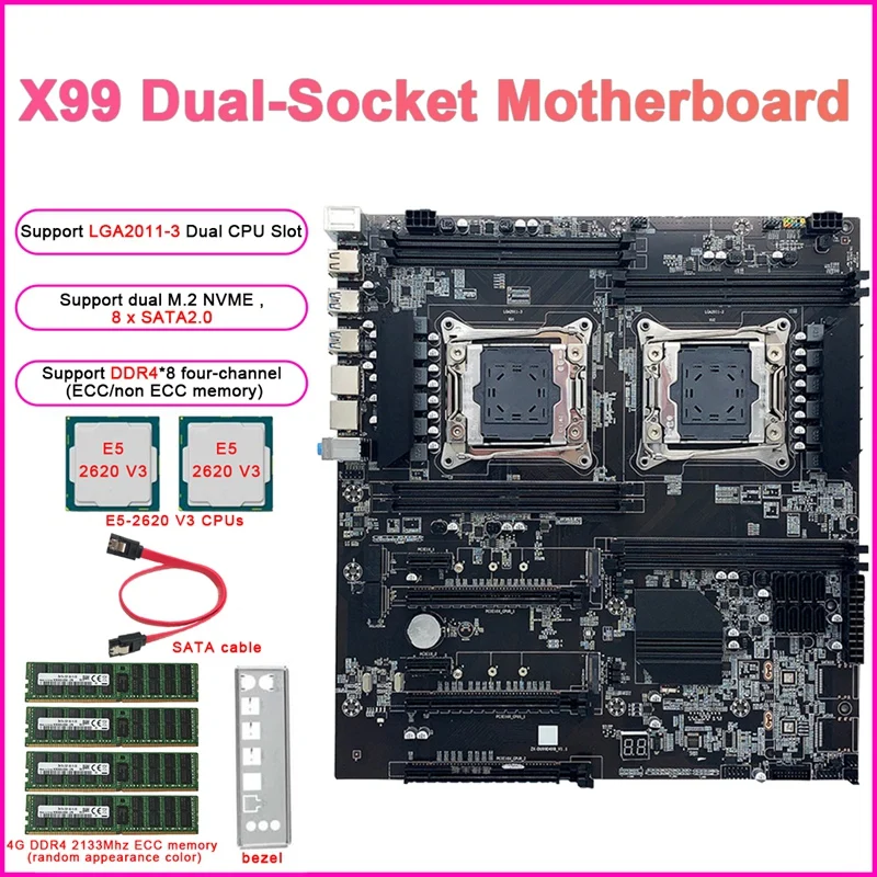X99 Dual-Socket Mining Motherboard+E5-2620V3 CPU+4G DDR4 ECC RAM+SATA Line+Bezel LGA2011-3 Dual CPU DDR4 Slots 8XSATA2.0