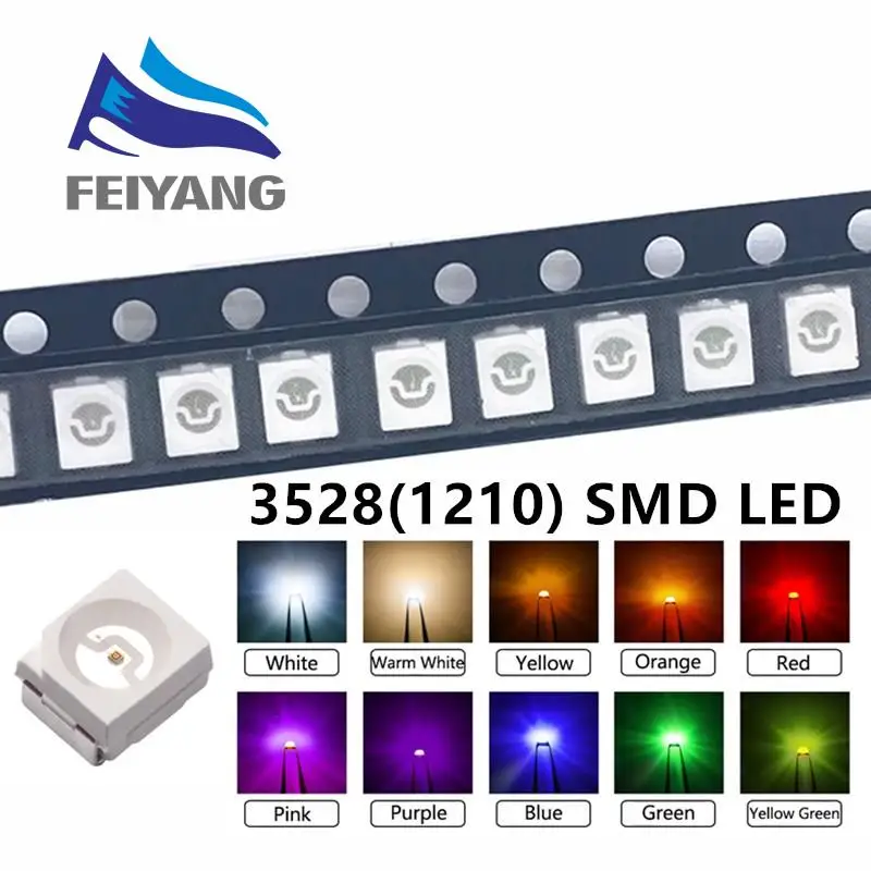 100 шт. 3528 SMD светодиоды красный желтый зеленый Белый Синий Оранжевый УФ