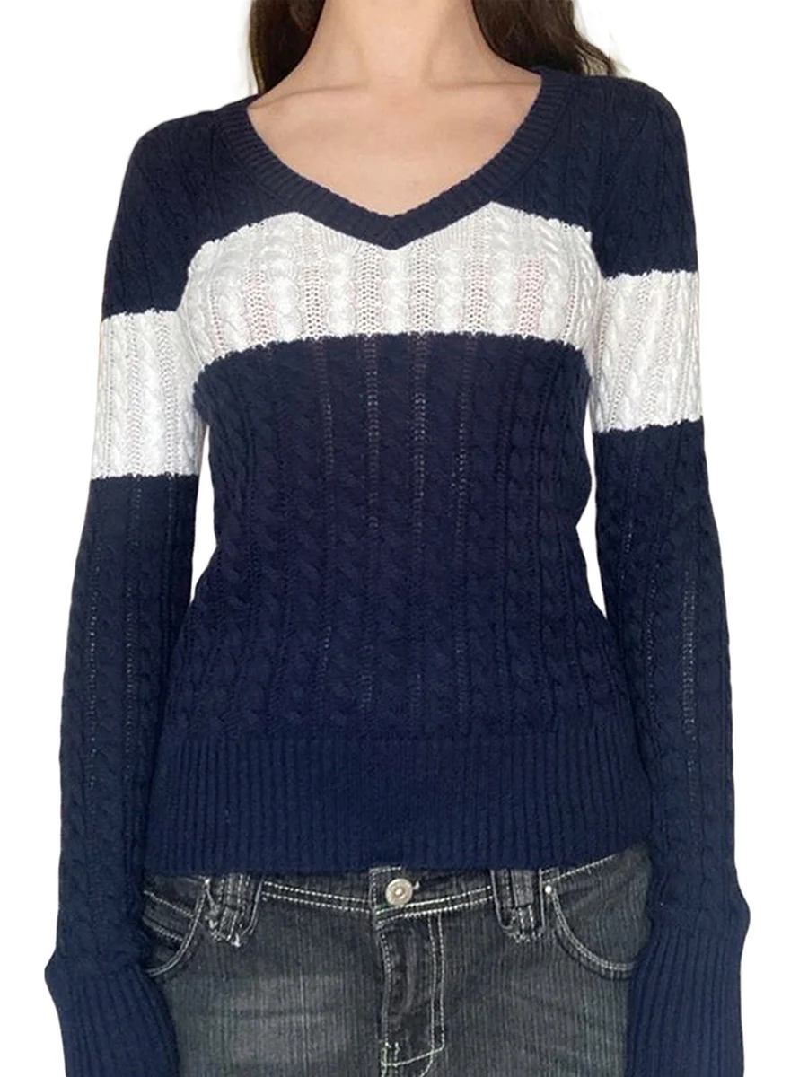 

V Neck Sweater Women Y2K Striped Shirt Knit Tops Color Block Aesthetic Clothes Fall Top Pullover