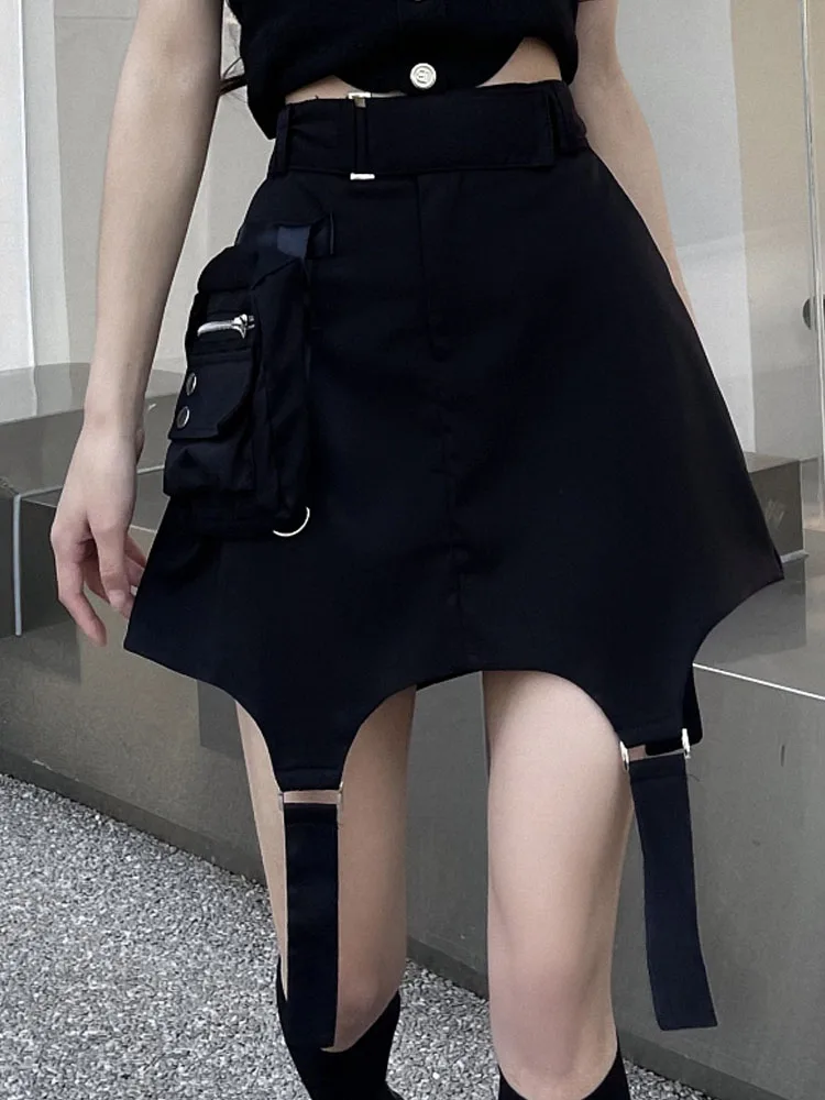 

SONNEESD Summer High Waist Vintage Irregular A-Line Skirt Streetwear Irregular Pocket Harajuku Safari Style Black Mini Skirt