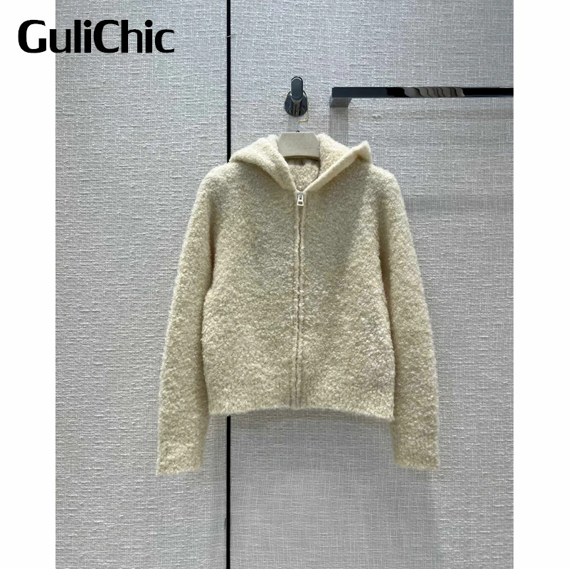 

7.5 GuliChic Women Hooded Zipper Short Knitted Embroidery Fluffy Cardigan Or Casual High Waist Pants Set