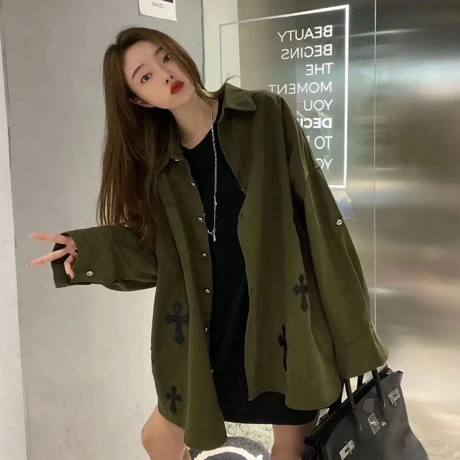 

High Quality Dark green Blouses Women Button Up Shirts Single Breasted Loose Long Sleeve Casual Spring Sweet Chic Solid Fashion