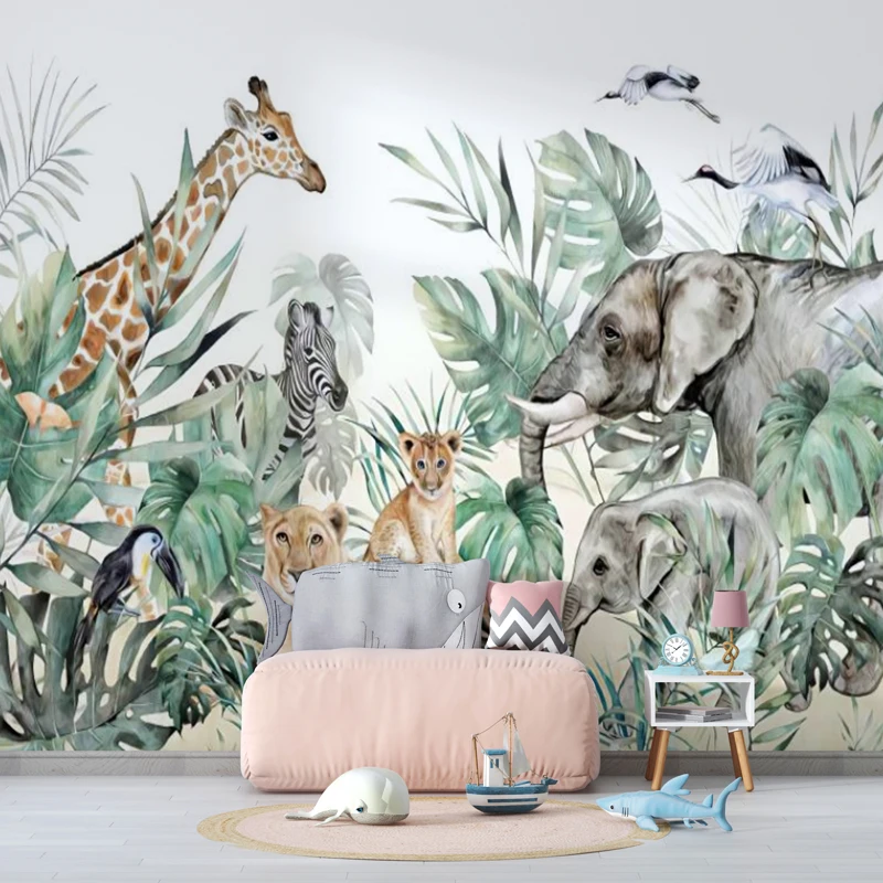 

Custom 3D Wallpaper Murals Jungle Lion Elephant Animals for Children Room Leaf WallPaper Cartoon Sticker Home Decor Papel Tapiz