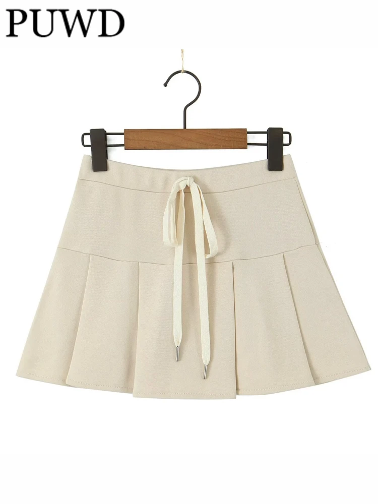 

Повседневные женские бежевые мини-юбки PUWD на шнуровке, лето 2023, винтажные однотонные женские шикарные юбки с высокой талией