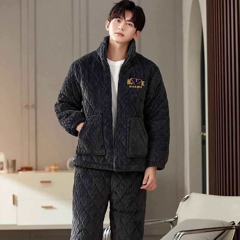 Newest Men's Winter Thicken Pajamas Sets Zipper Warm Flannel Large Size Sleepwear Clip Cotton Homewear Pyjama Pijama