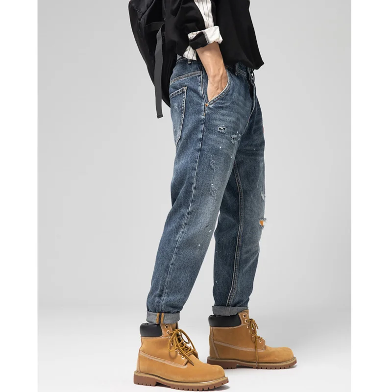 Streetwear Men 2022 Fashion New Pattern Recreational Black Hole Pants Straight Cylinder Comfortable Loose Jeans Autumn Female