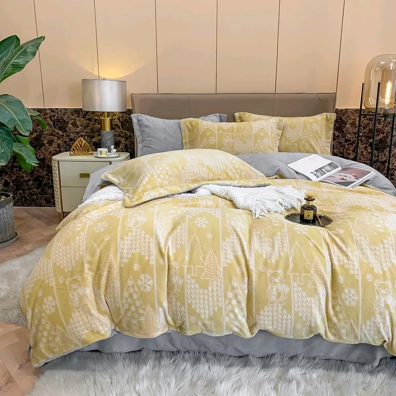 

Winter Warm Solid Flannel Super Soft 4PCS Queen Bedding Set Quilt Cover Cover King Size Luxury Home Textiles