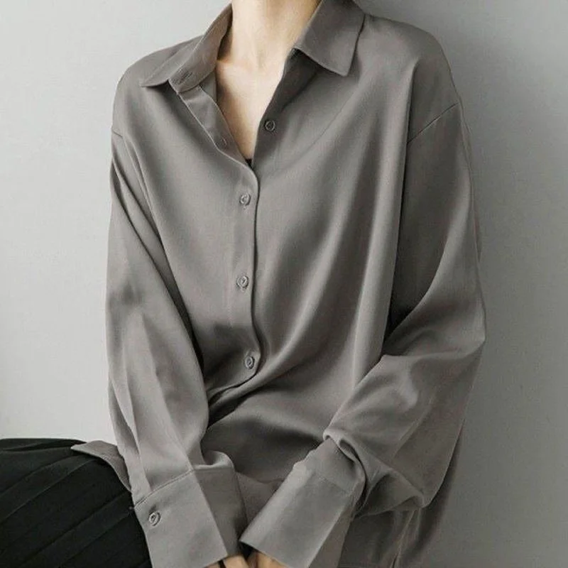 Gray Drape Shirt Women's Top Acetate Satin Blouse Loose Silk Light Mature Casual Retro Shirts Blusas Mujer De Moda 2022 Verano