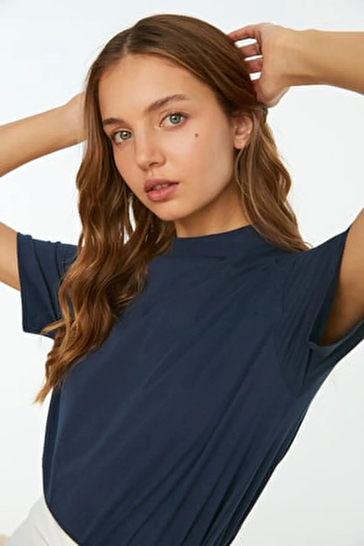 

Navy blue upright collar basic knitting T-shirts Blouse women's Summer Tops Tees Shirts 34315742