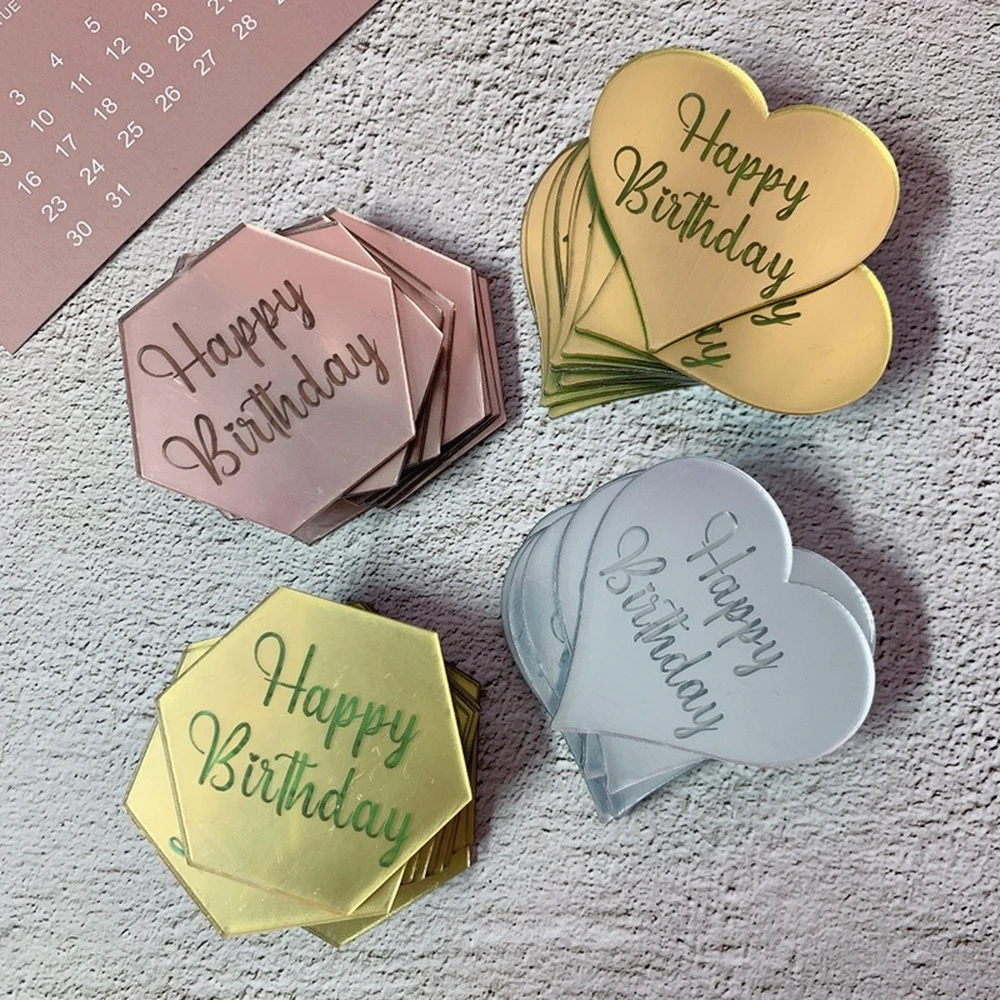 

10pcs Set Gold Silver Acrylic Mirror Happy Birthday Cupcake Topper Cupcakes Card Insert Flag Cake Decorations for Birthday Party