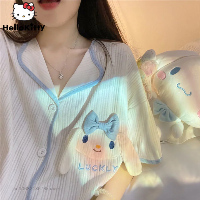 Sanrio Cinnamoroll Clothes Women 2 Piece Set Cardigan Tops Shorts Summer Nightdress Y2k Pajamas Suit New Korean Female Sleepwear