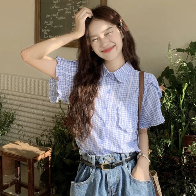 Рубашка женская в клетку милый свободный клетчатый топ с короткими рукавами и