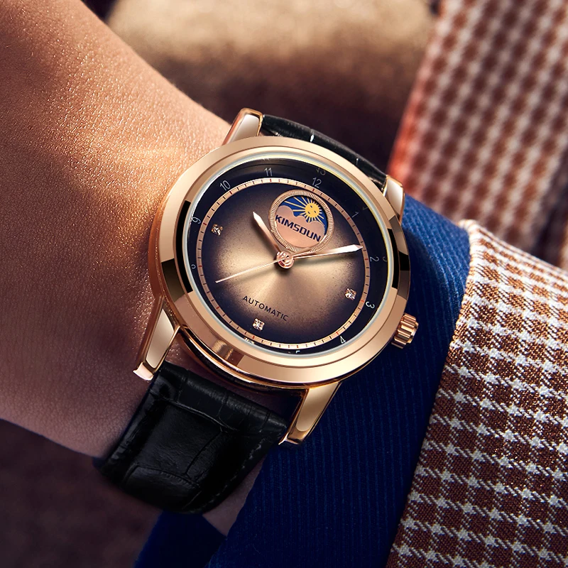 

Business Automatic Mechanical Watch Men Luxury Brand Rose Gold Diamond Phase Genuine Leather Male Wristwatches Waterproof