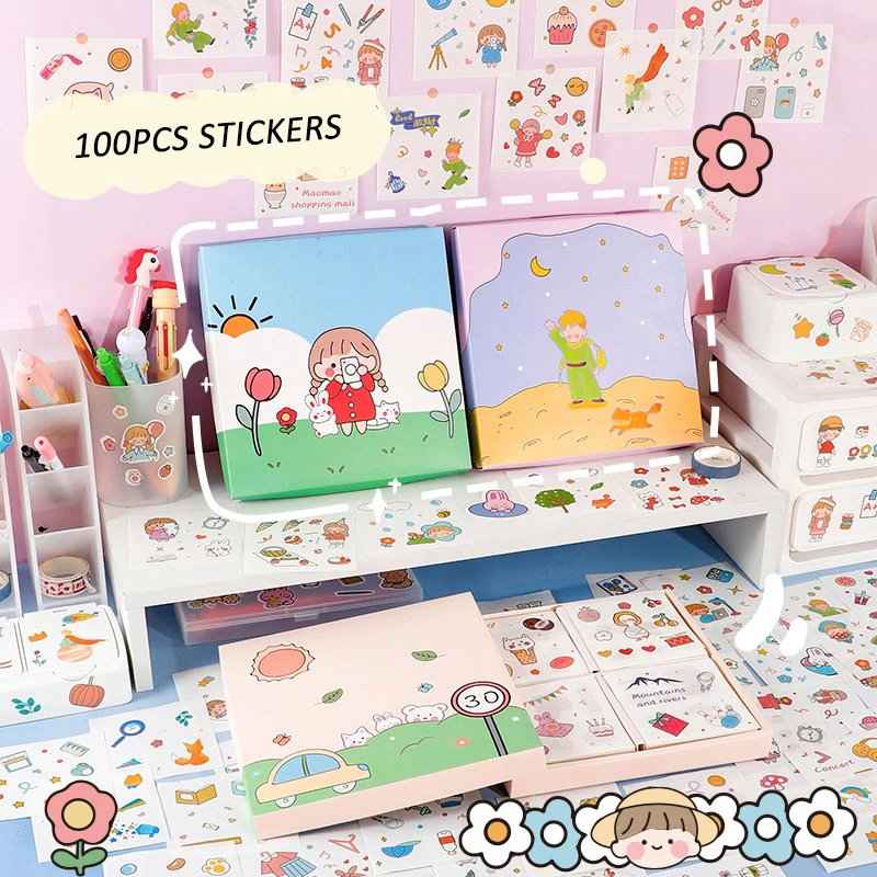

100Pcs Cartoon Girl Sticky Notes Decorative Stickers Scrapbooking Planner Journal Japanese Kawaii Waterproof Stationery Sticker