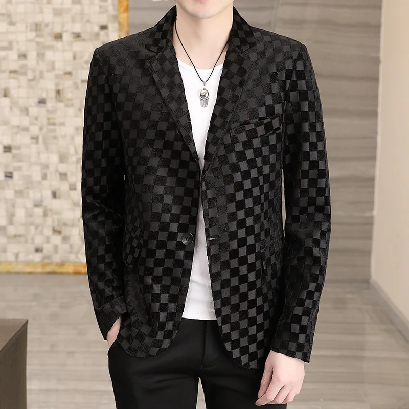 

HOO 2022 Handsome Man Slim Fit and No Velvet Plaid Printed blazer Youth Spring and Autumn Casual blazer
