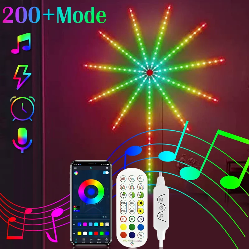 

LED Firework Lights RGB Music Sound Sync Bluetooth APP Control Strip Smart DIY Firework Light Home Bedroom Party Christmas Decor