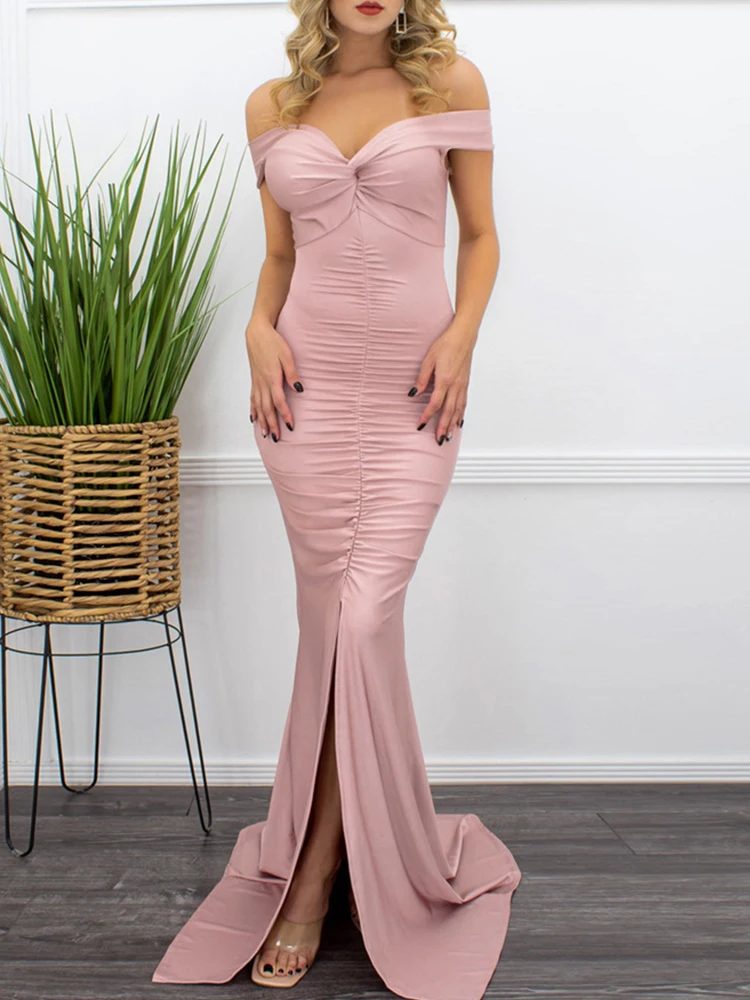 

Office Elegant Short Sleeve Split Fishtail Dress Summer Sexy V-Neck Twisted Knot Pleat Long Dress Women Slim Solid Evening Dress