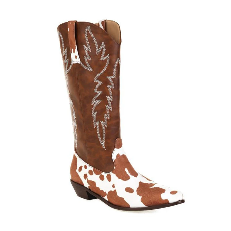 Unisex Boots Cowboy Knight Men PU Medium Heel Thick Heel Pointed Cow Pattern Embroidery Motorcycle Western Women Boots Work Shoe