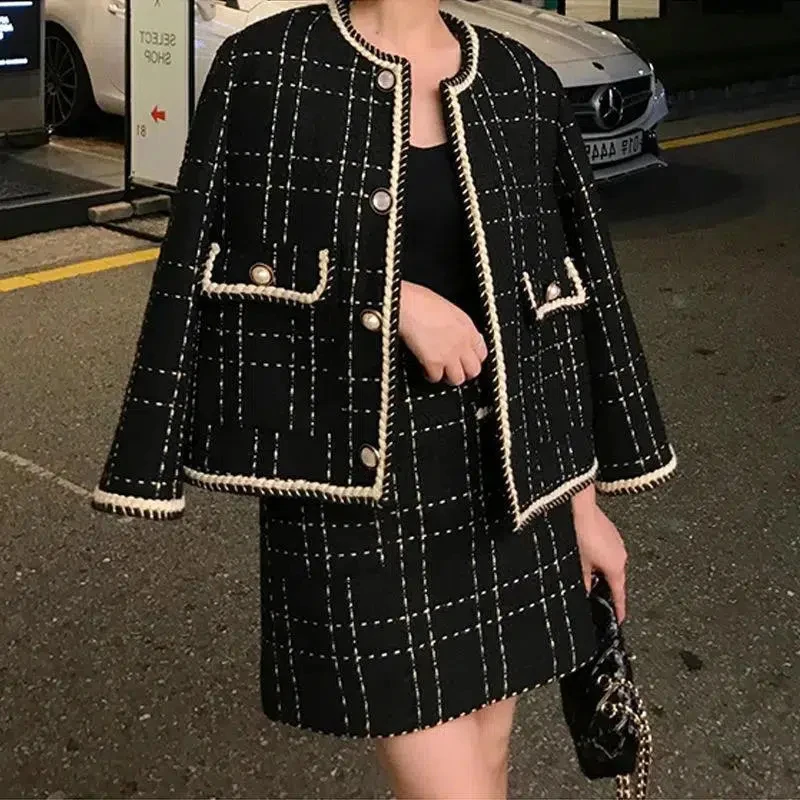 

Y2k Korean Fashion Women Skirt Sets Autumn Winter Black Check Pocket Short Woolen Tweed Jacket Coat & Bodycon Mini Skirt Set
