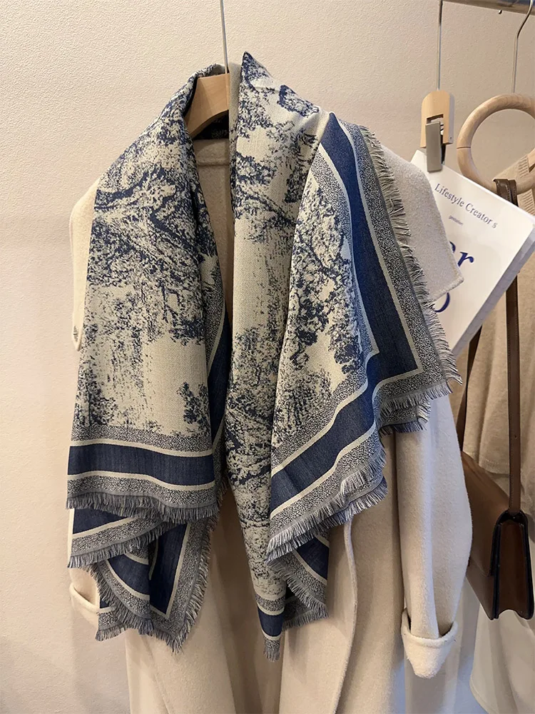 

Classic Winter Warm Tassel Wool Silk Cashmere Scarf Luxury Designer Animal Printed Large Square Shawls and Wraps Stole