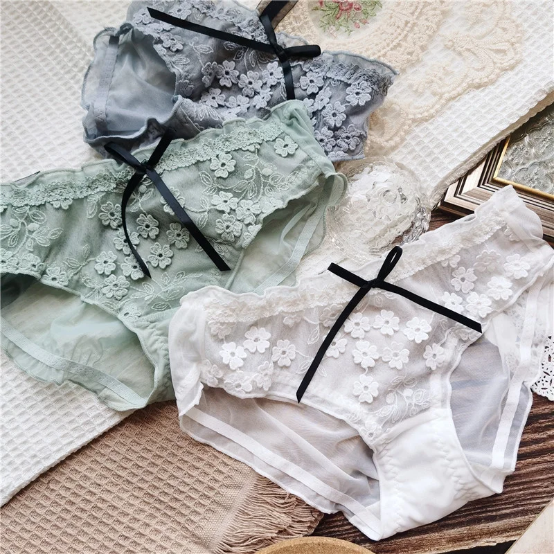 

SP&CITY 3D Flowers Embroidery Mesh Sexy Women's Underwear Low Waist Cute Lace Hollow Out Panties Transparent Seamless Briefs