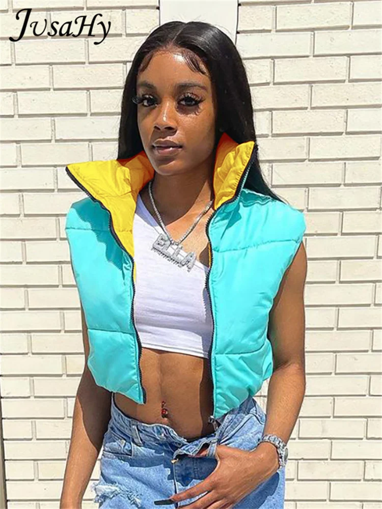 

JusaHy Women Autumn 2022 New Y2K Street Casual Macaroon Double-Sided Thick Vest Simple Stand Collar Zipper Outdoor Chic Jacket