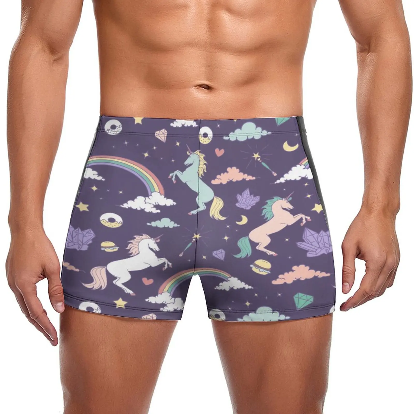 

Unicorn Print Swimming Trunks Rainbow Cloud Diamond Fashion Beach Swim Boxers Push Up Stay-in-Shape Man Swimwear