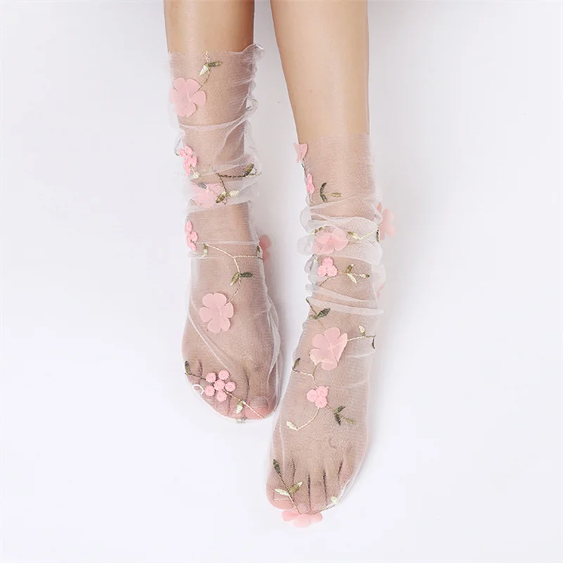 

Простые Цветочные кружевные носки, женские тюлевые носки, весна-лето, прозрачные тонкие сетчатые носки, шифоновые модные носки со шнуровкой