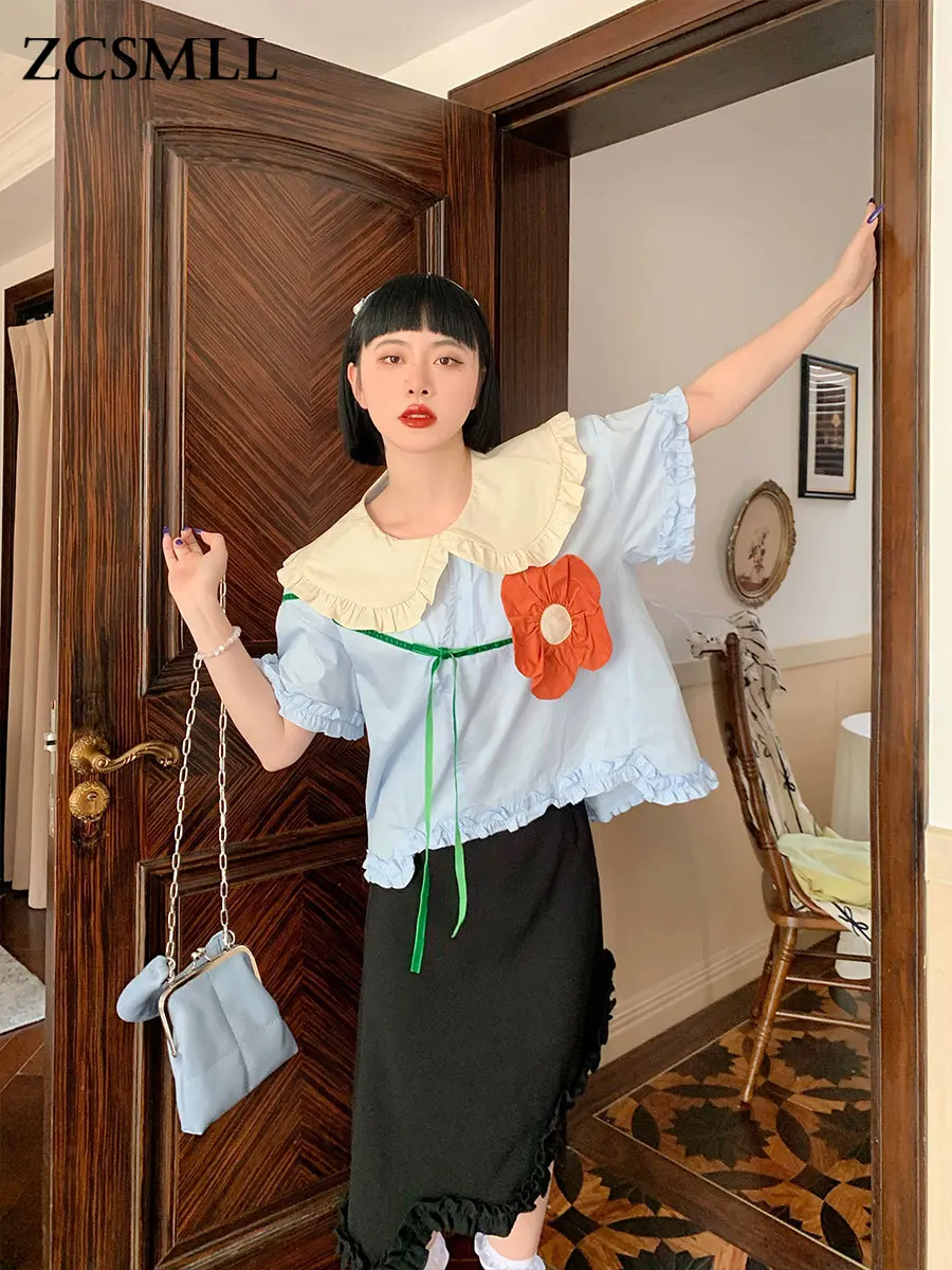 

ZCSMLL Sailor Collar Kawaii Cute Top Korean Fashion Blouse Women Short Sleeve Loose Flower Patch Light Blue Designer Top