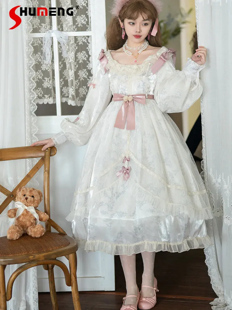Original Lolita Bow Dress Sweet Soft Girl French Elegant Lolita Daily O Neck Long Sleeve White Full Dresses for Women Robe 2023
