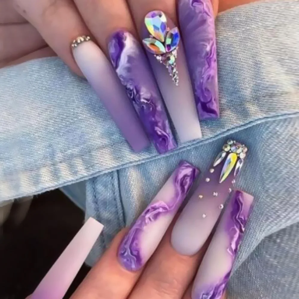 

Light Luxury Violet strobe fake nails with glitter diamond press on nails accessories faux ongles long french coffin nail tips