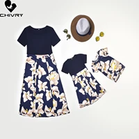 new 2022 mother daughter summer dresses short sleeve o neck flower patchwork mom mommy and me dress family matching outfits