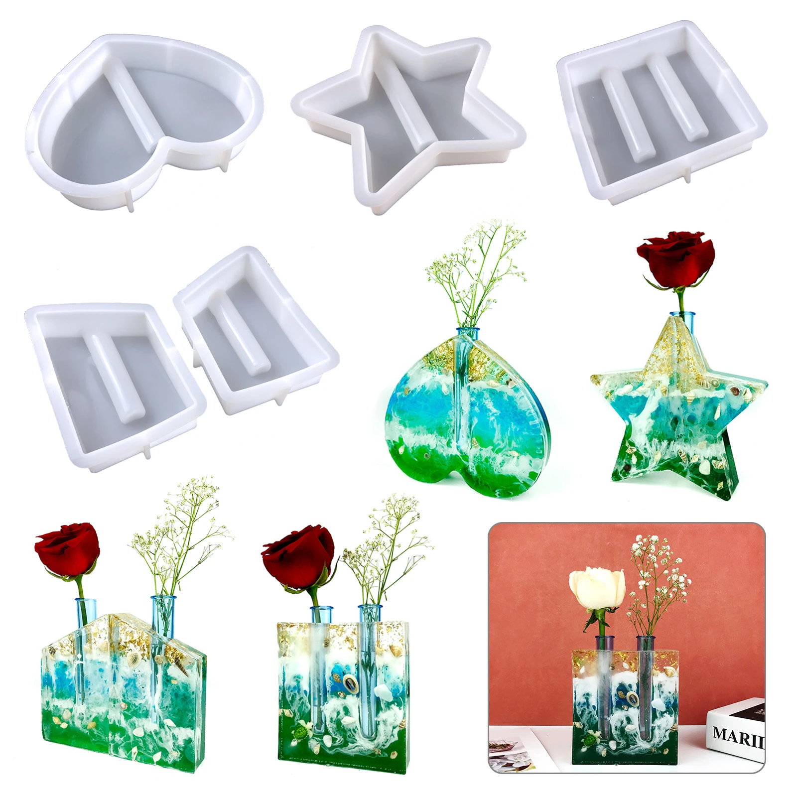 Hydroponic Plant Drop Glue Mould Diy Square Star Heart Love Vase Mould Cultivated Water Plant Silicone Mold Supplies Home Decor