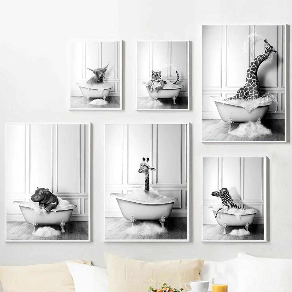 

Adorable Animal In Tub Modern Toilet Wall Art Canvas Painting Bathroom Lover Gift Black White Tiger Cow Poster Print Home Decor