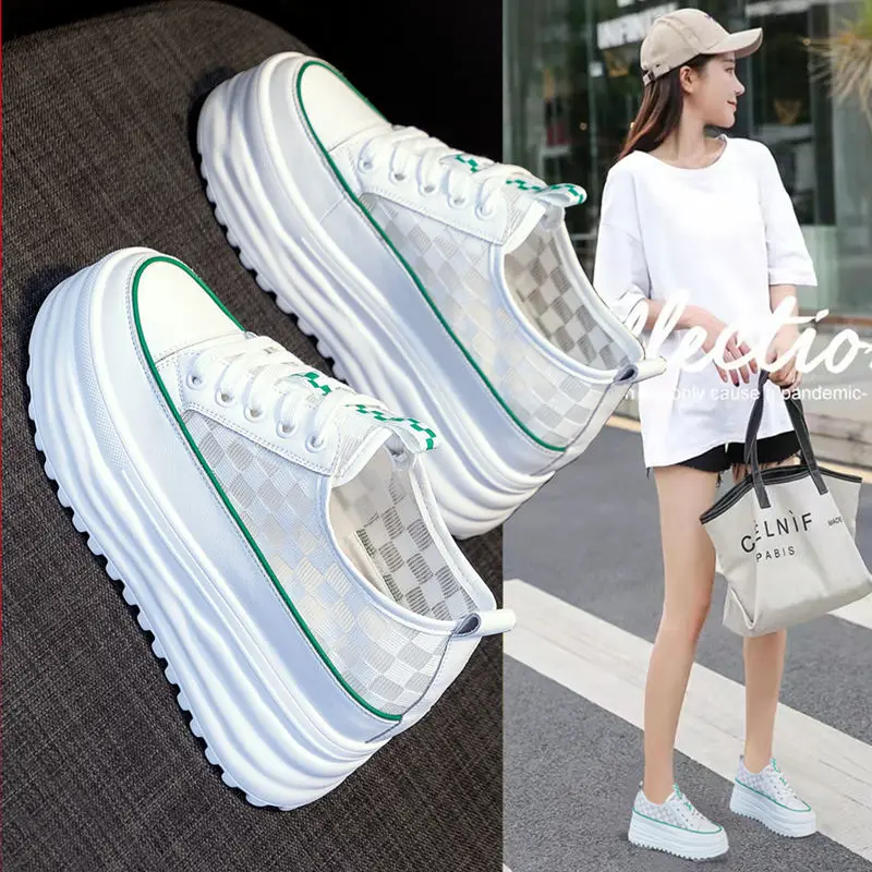 

Leather Women's Ins Fashionable 2023 Summer New Chessboard Mesh Breathable Board Thick Bottom Height Increasing Insole Shoes