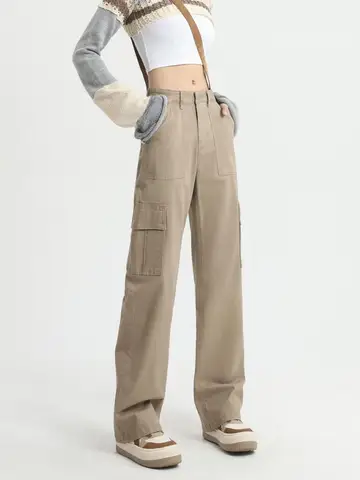 GUUZYUVIZ Прямые джинсы с высокой талией, женские свободные широкие штаны, винтажные повседневные брюки-карго