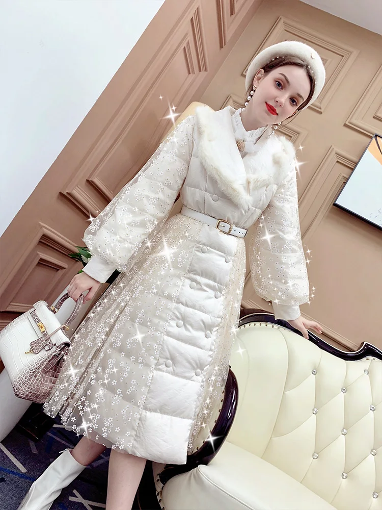 New 2023 Autumn Winter High-End Cotton-Padded Coat Women's Mid-Length Thickened Girl's Lace Jacket Warm Elegant Long Sleeve Coat