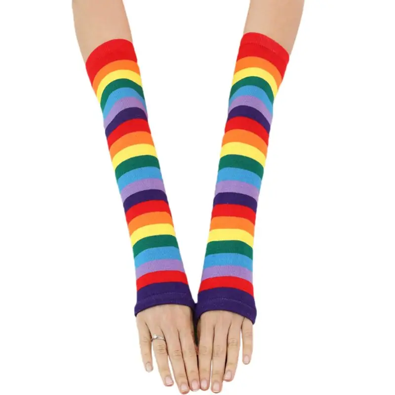 

Women Girls Rainbow Striped Long Sleeve Sunscreen Arm Sleeve Fingerless Mittens Gloves Slim Thigh High Leg Warmer Cotton Spring