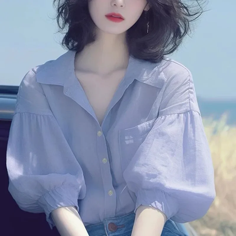 Летний шикарный чувственный фиолетовый топ с рукавами-фонариками в корейском