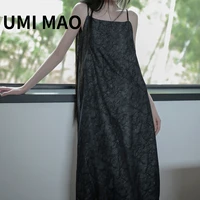 umi mao chinese style yamamoto dark black ink light homemade flat collar minimalist suspender one step long dress elegant y2k